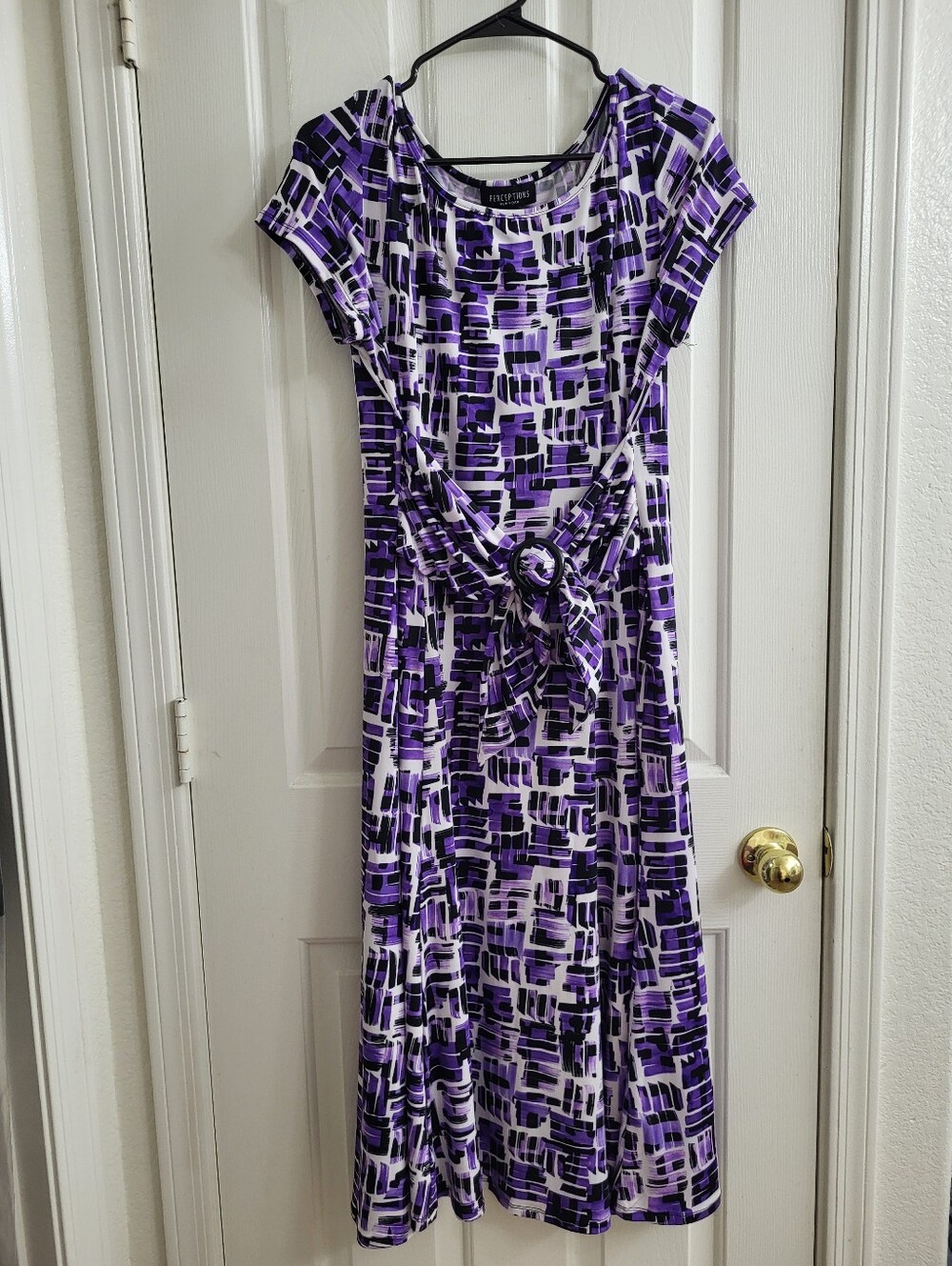 Perceptions Purple & Black Geometric Tie-Waist Midi Dress